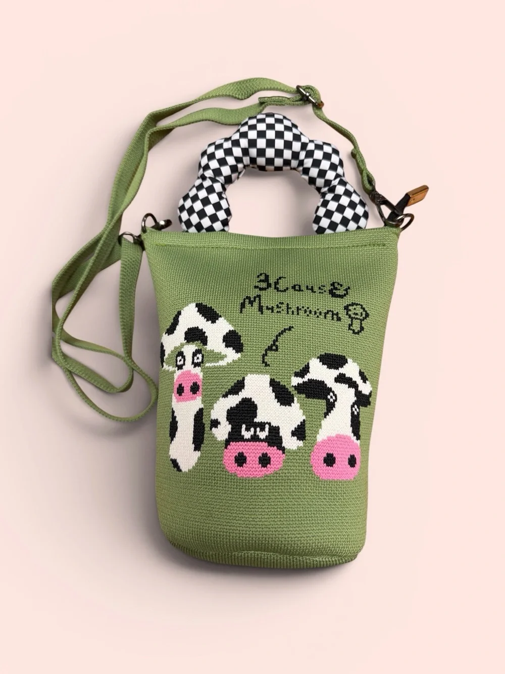 Green Cow and Mushroom Cartoon Crossbody Bucket Bag NWOT